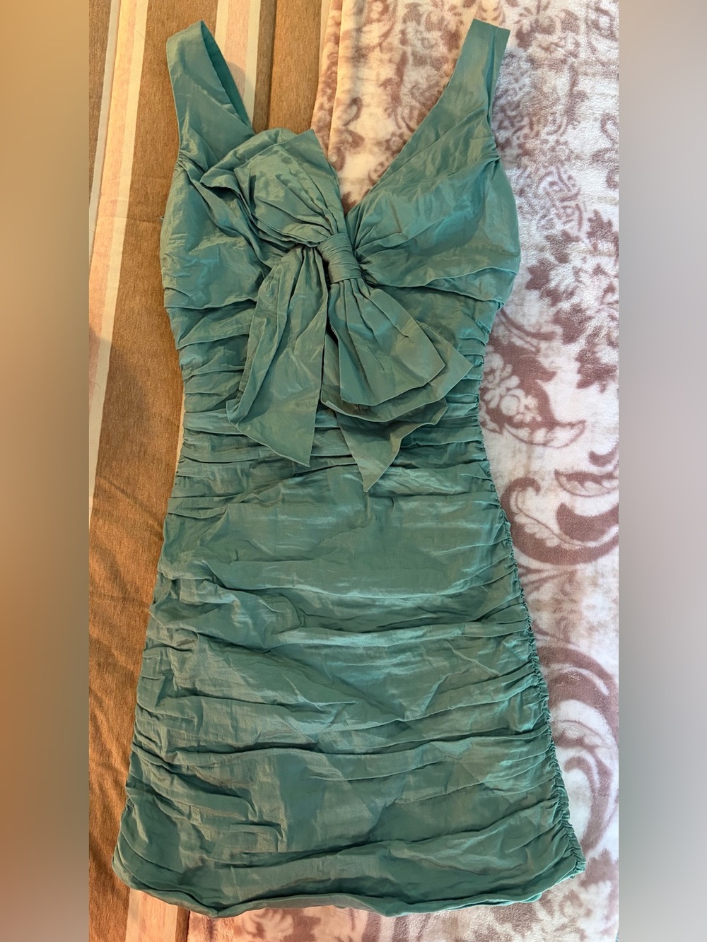 BCBGMaxAzria Teal Bow-Detail Ruched Mini Dress